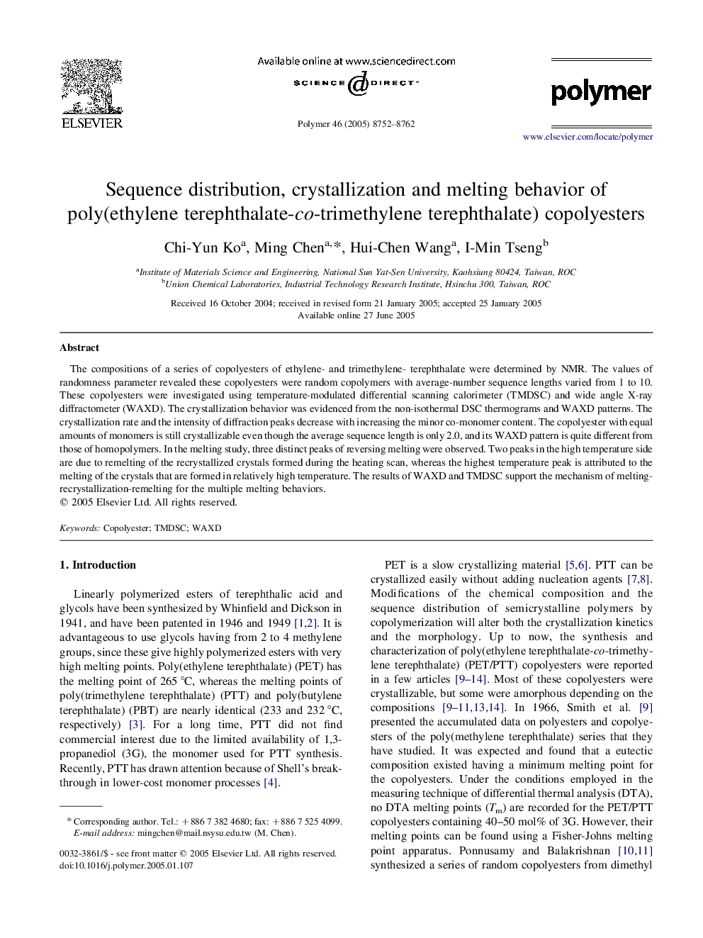 Sequence distribution, crystallization and melting behavior of poly(ethylene terephthalate-co-trimethylene terephthalate) copolyesters