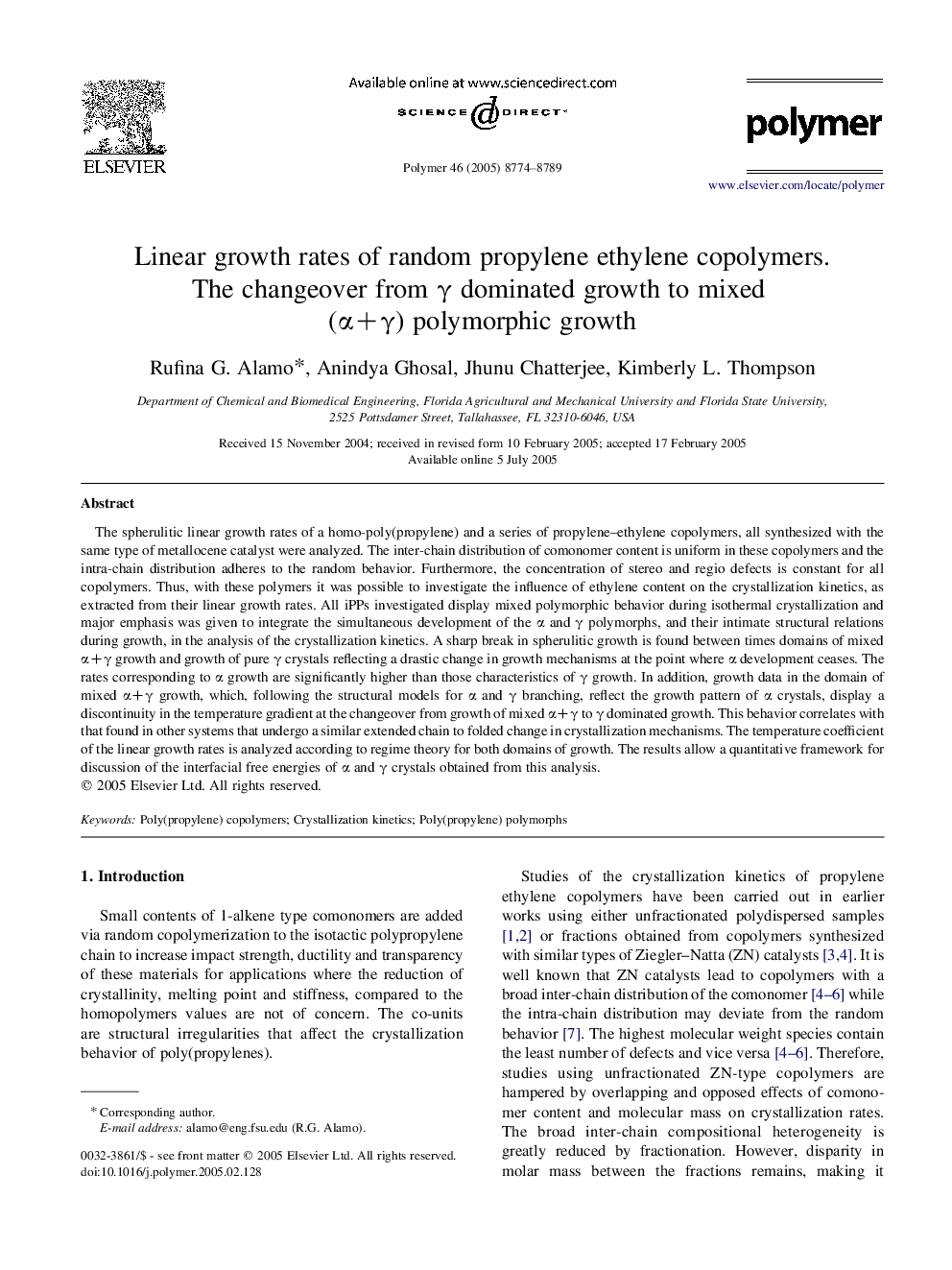 Linear growth rates of random propylene ethylene copolymers. The changeover from Î³ dominated growth to mixed (Î±+Î³) polymorphic growth