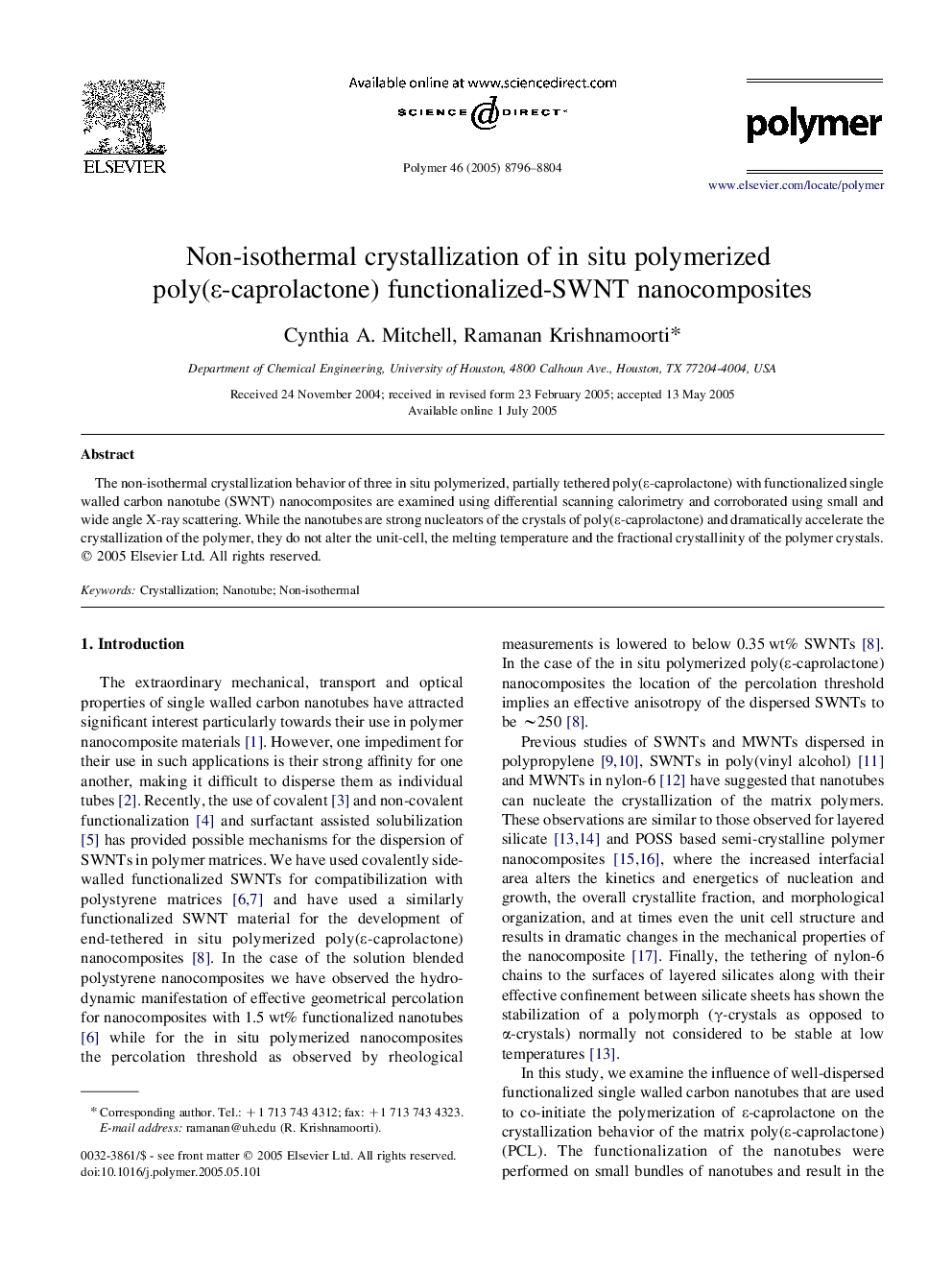 Non-isothermal crystallization of in situ polymerized poly(Îµ-caprolactone) functionalized-SWNT nanocomposites