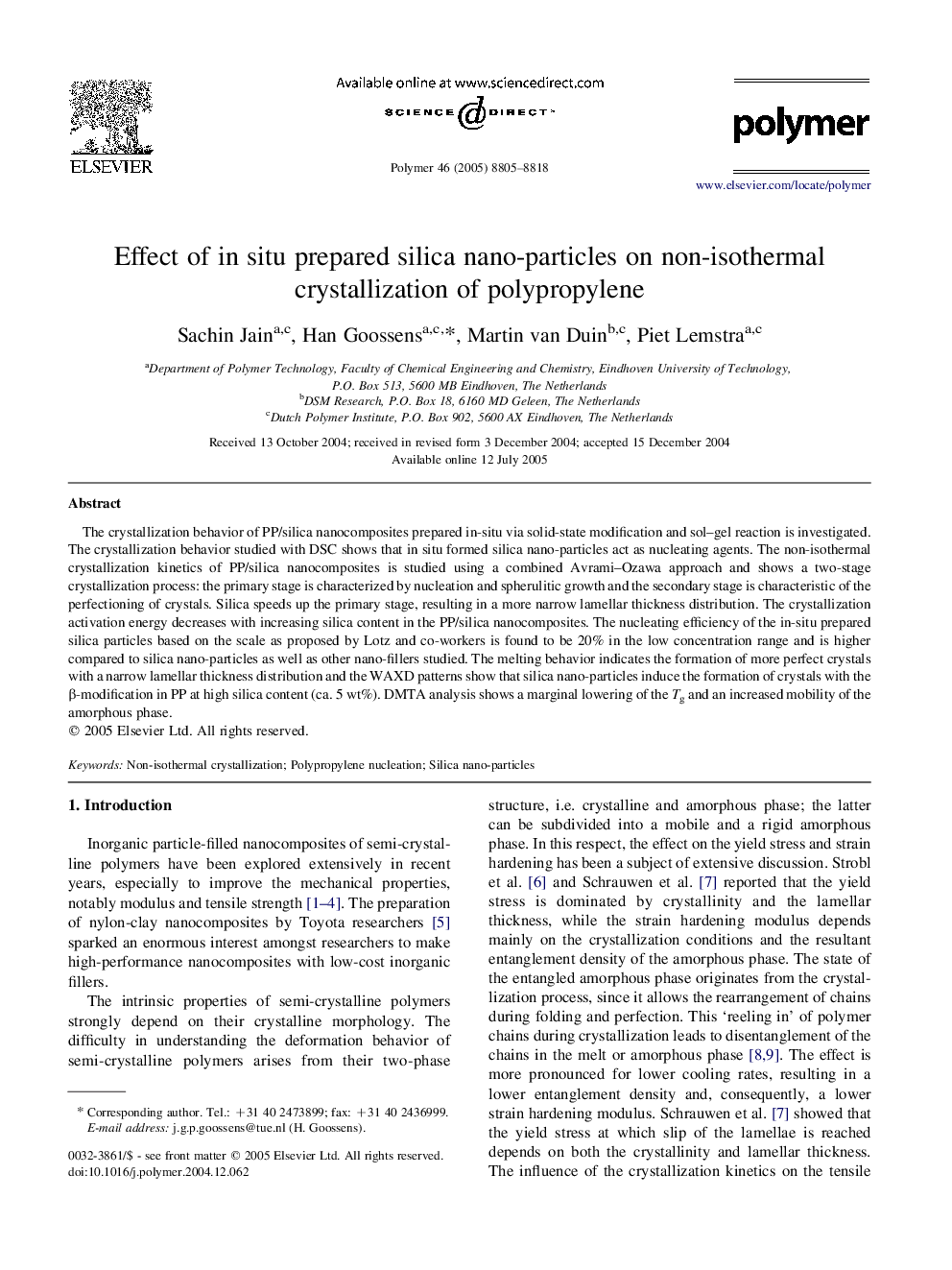 Effect of in situ prepared silica nano-particles on non-isothermal crystallization of polypropylene