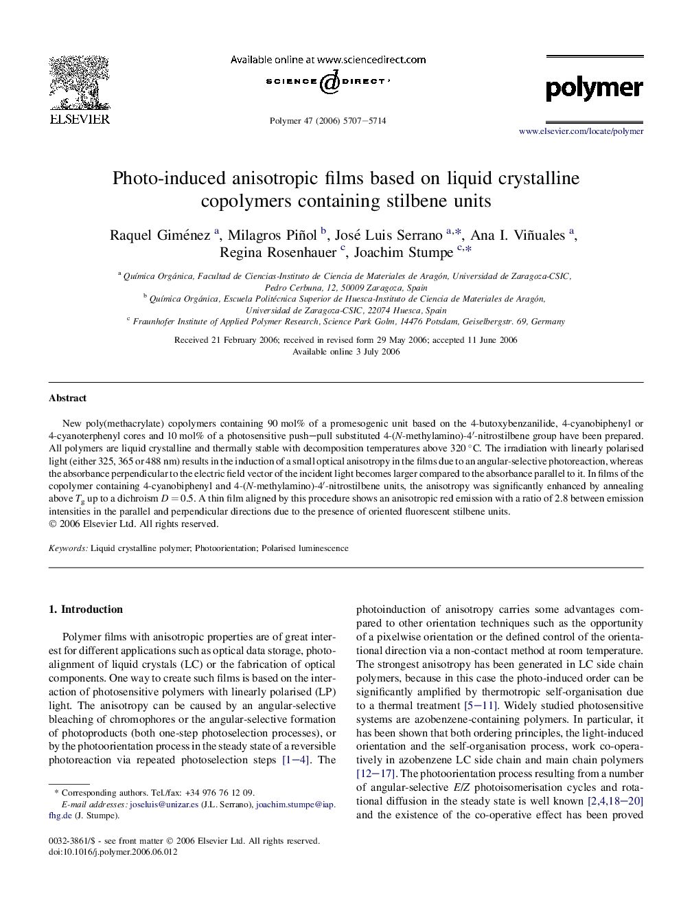 Photo-induced anisotropic films based on liquid crystalline copolymers containing stilbene units