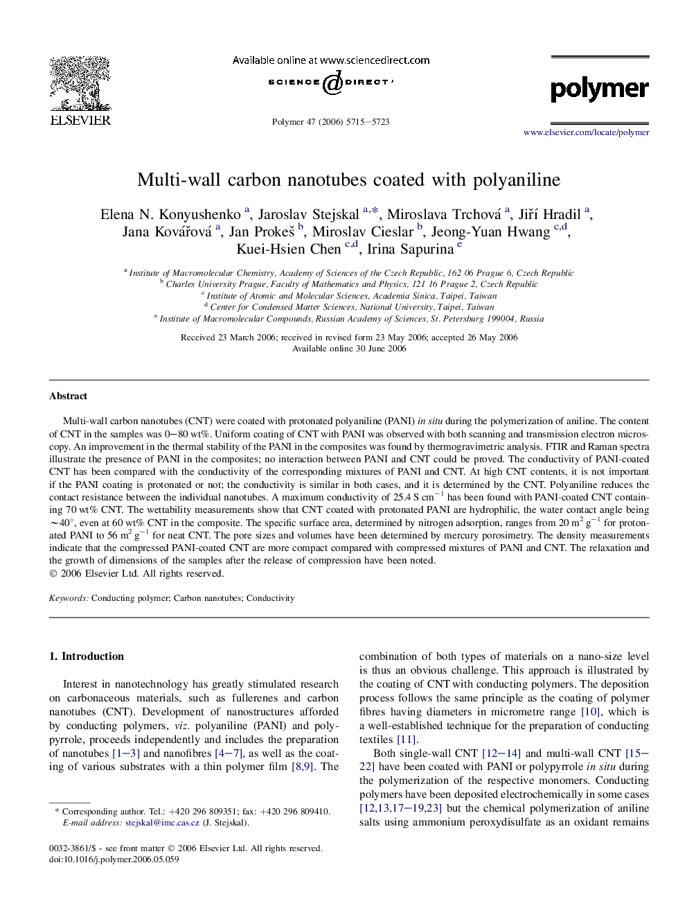 Multi-wall carbon nanotubes coated with polyaniline