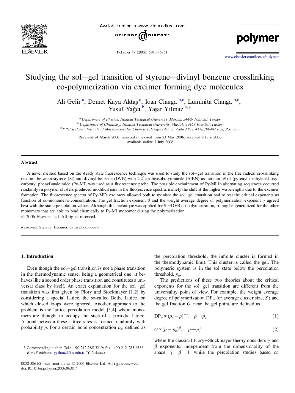 Studying the sol-gel transition of styrene-divinyl benzene crosslinking co-polymerization via excimer forming dye molecules