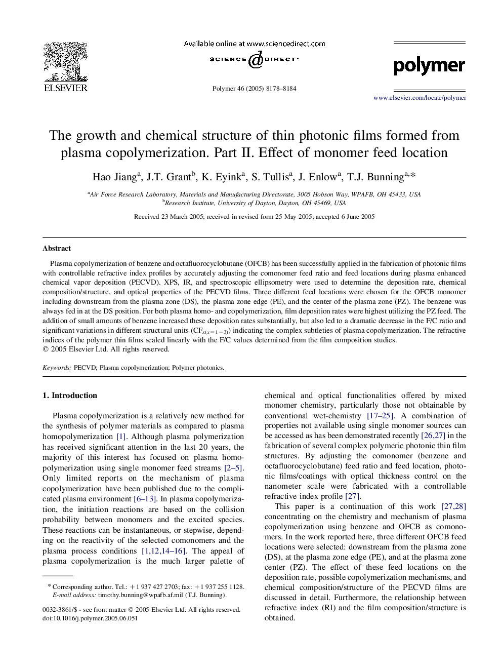 The growth and chemical structure of thin photonic films formed from plasma copolymerization. Part II. Effect of monomer feed location