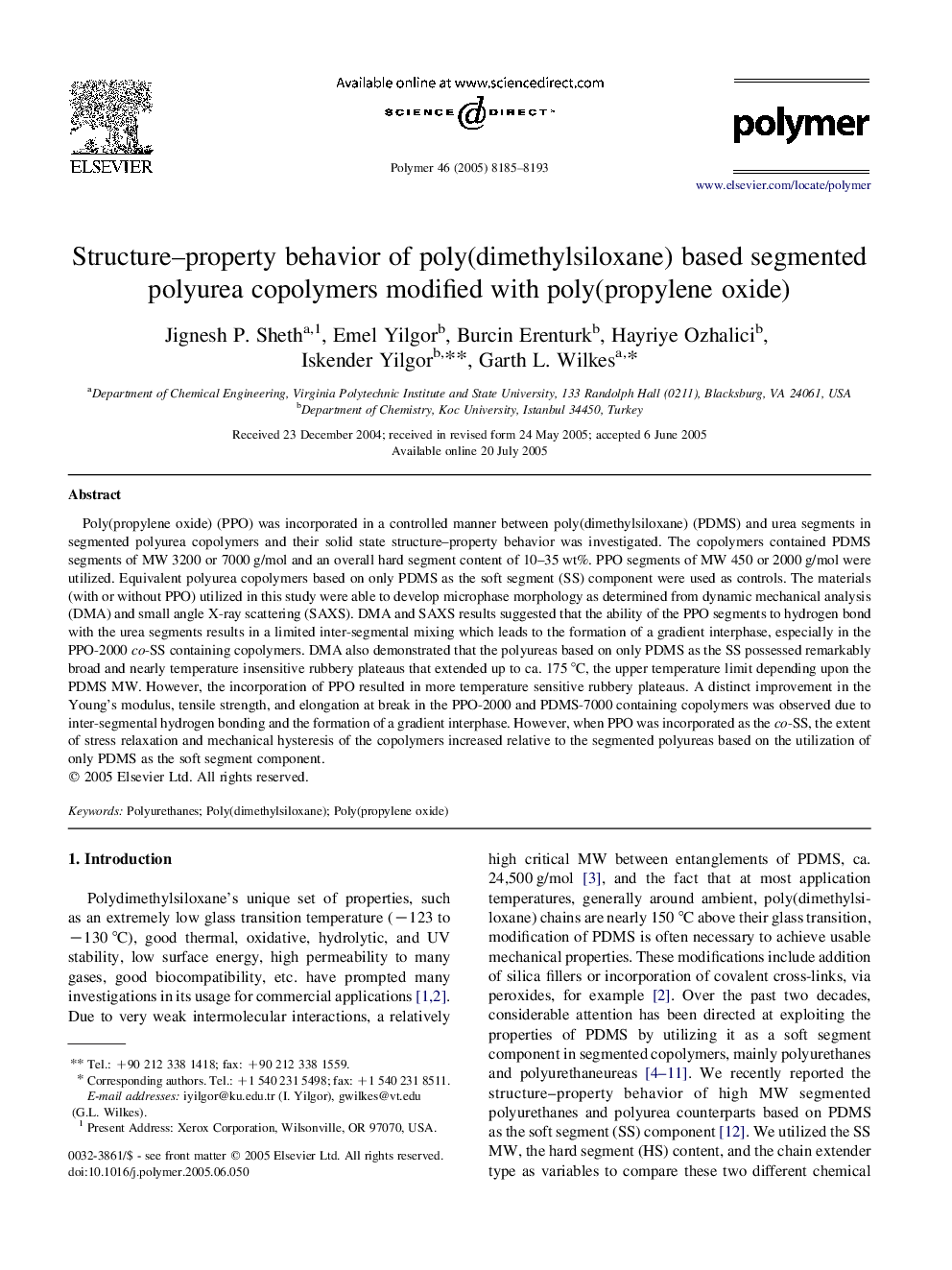 Structure-property behavior of poly(dimethylsiloxane) based segmented polyurea copolymers modified with poly(propylene oxide)