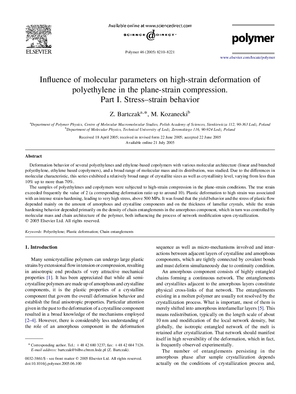 Influence of molecular parameters on high-strain deformation of polyethylene in the plane-strain compression. Part I. Stress-strain behavior