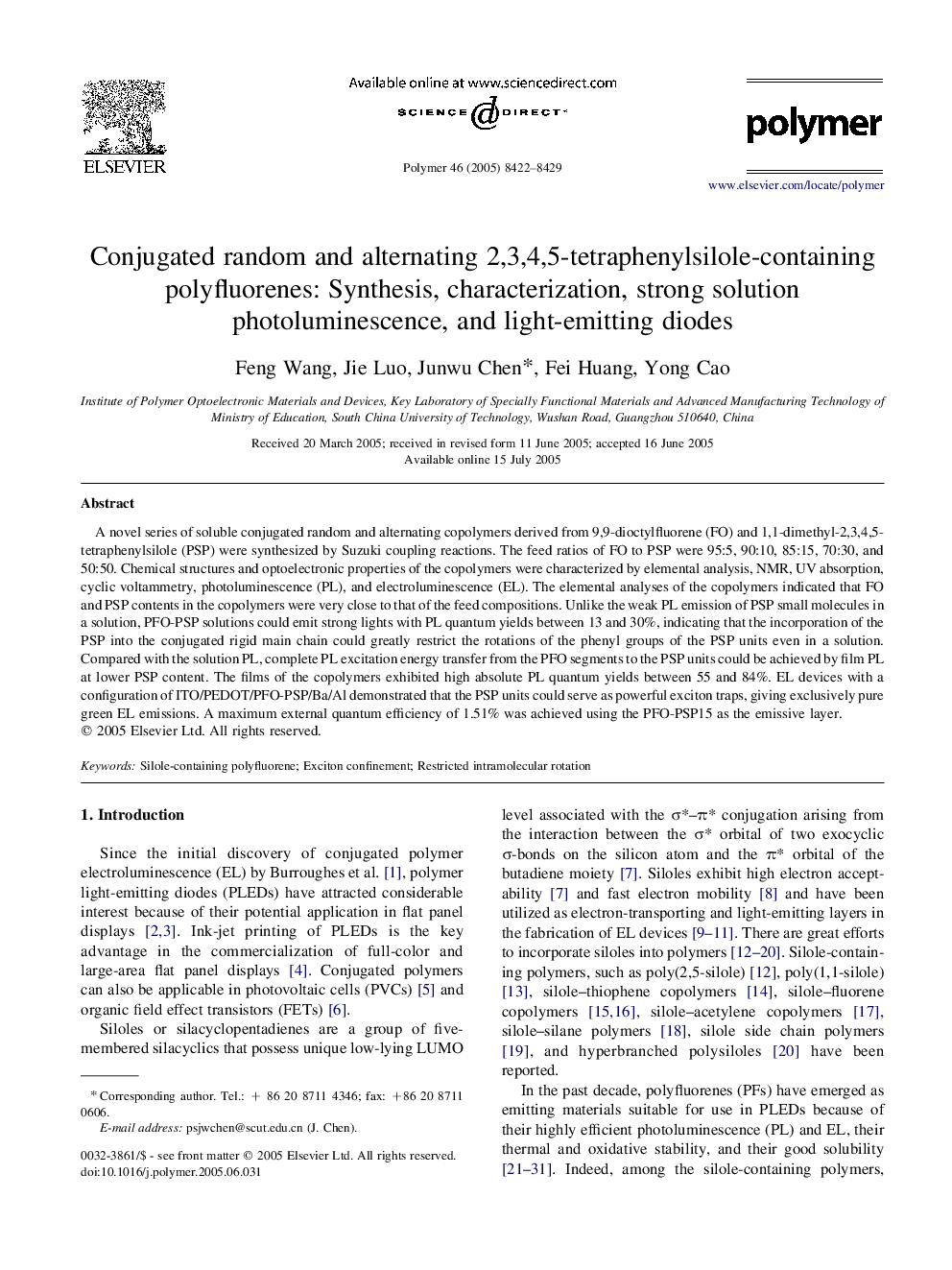 Conjugated random and alternating 2,3,4,5-tetraphenylsilole-containing polyfluorenes: Synthesis, characterization, strong solution photoluminescence, and light-emitting diodes