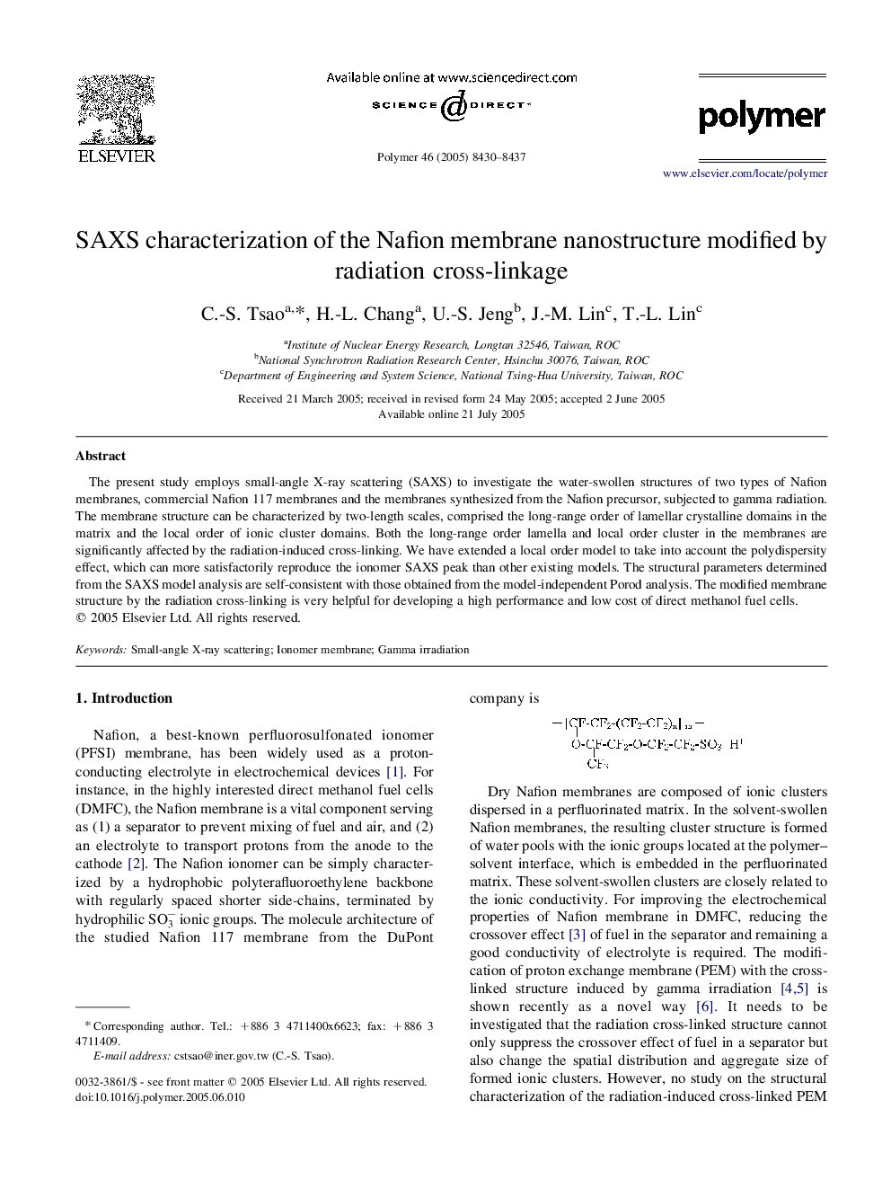 SAXS characterization of the Nafion membrane nanostructure modified by radiation cross-linkage