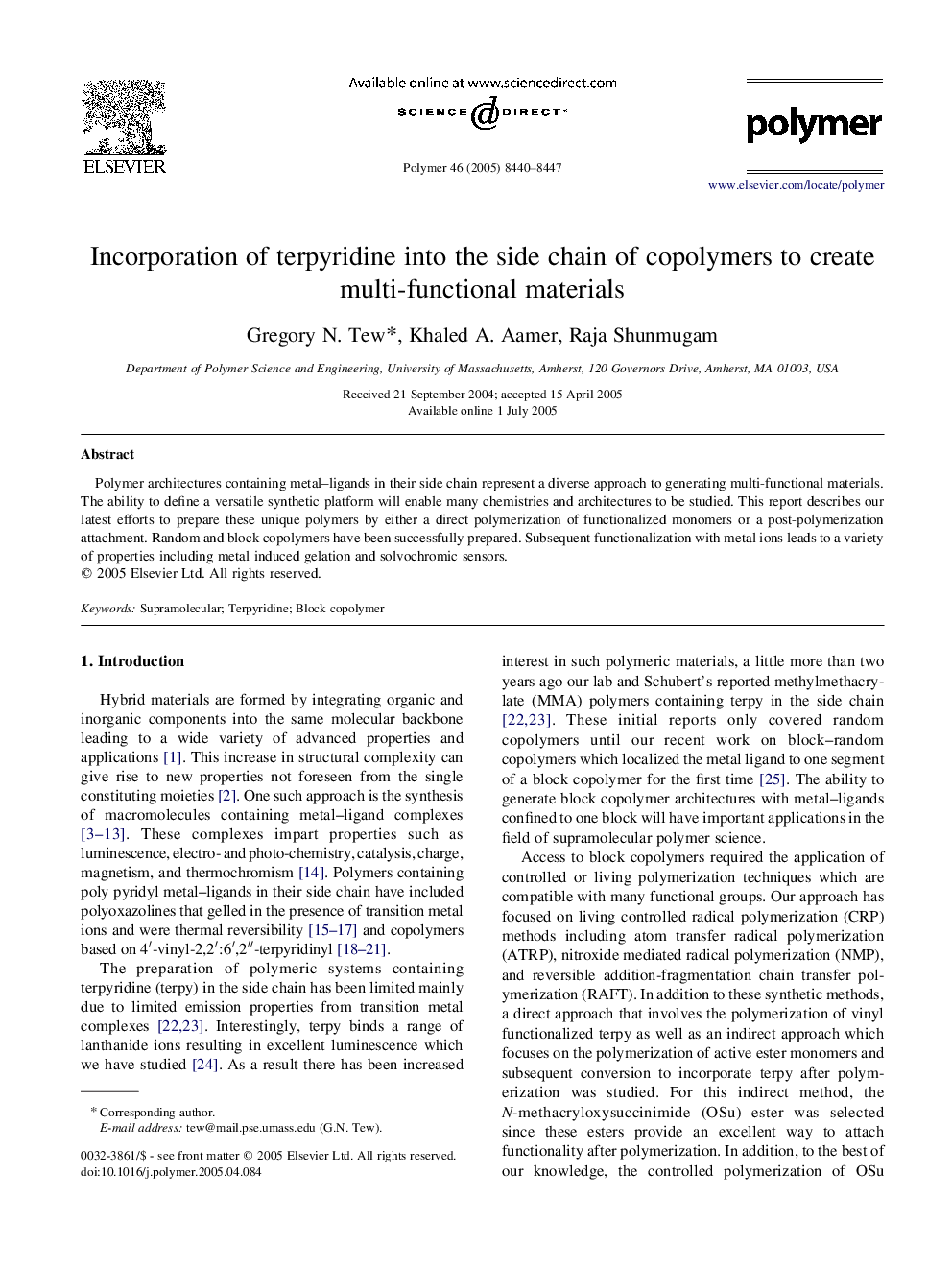 Incorporation of terpyridine into the side chain of copolymers to create multi-functional materials