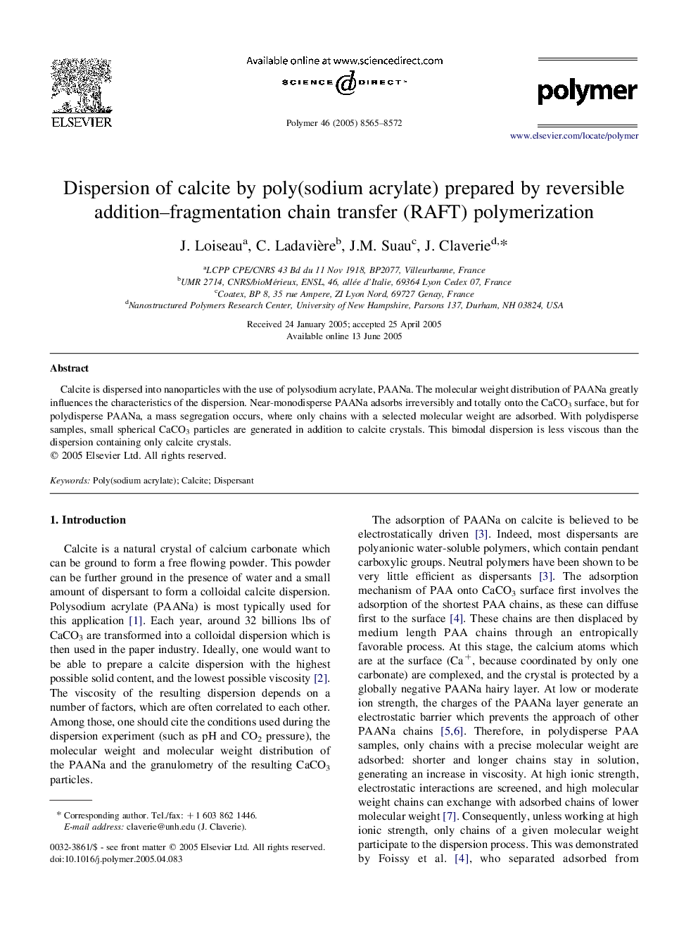 Dispersion of calcite by poly(sodium acrylate) prepared by reversible addition-fragmentation chain transfer (RAFT) polymerization