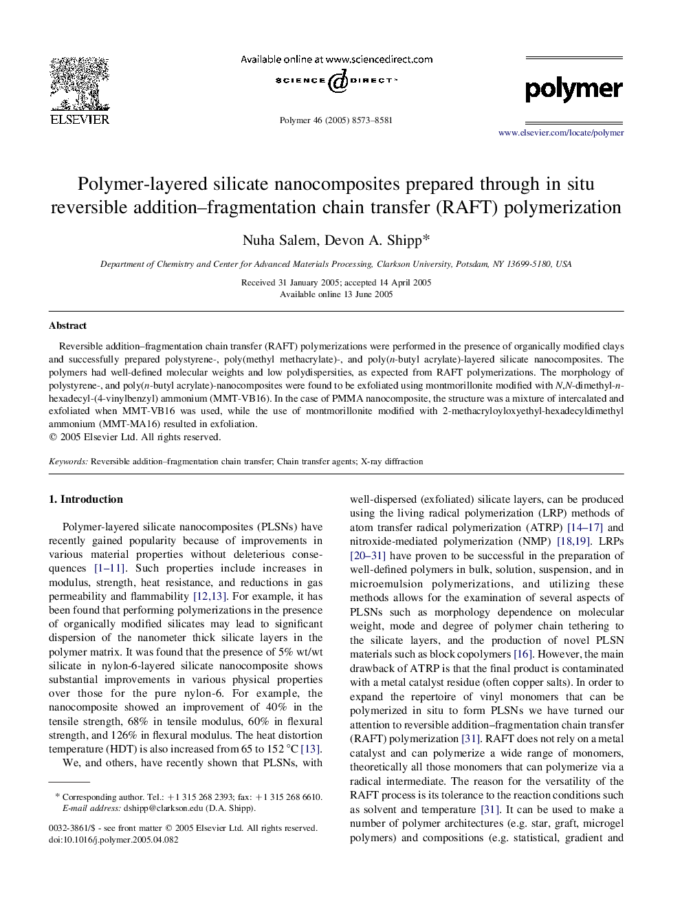 Polymer-layered silicate nanocomposites prepared through in situ reversible addition-fragmentation chain transfer (RAFT) polymerization