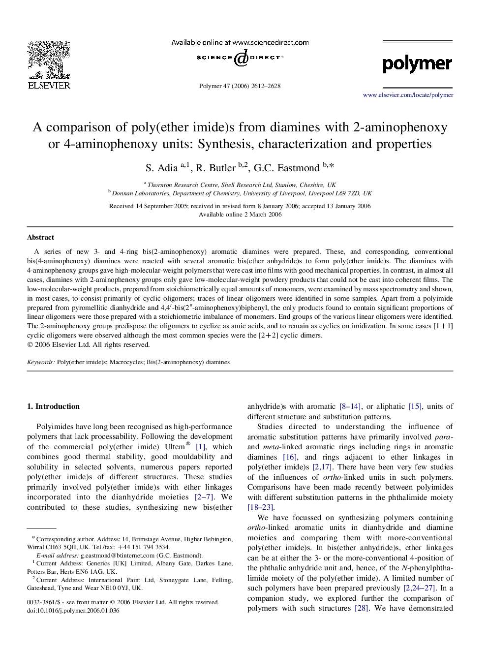 A comparison of poly(ether imide)s from diamines with 2-aminophenoxy or 4-aminophenoxy units: Synthesis, characterization and properties