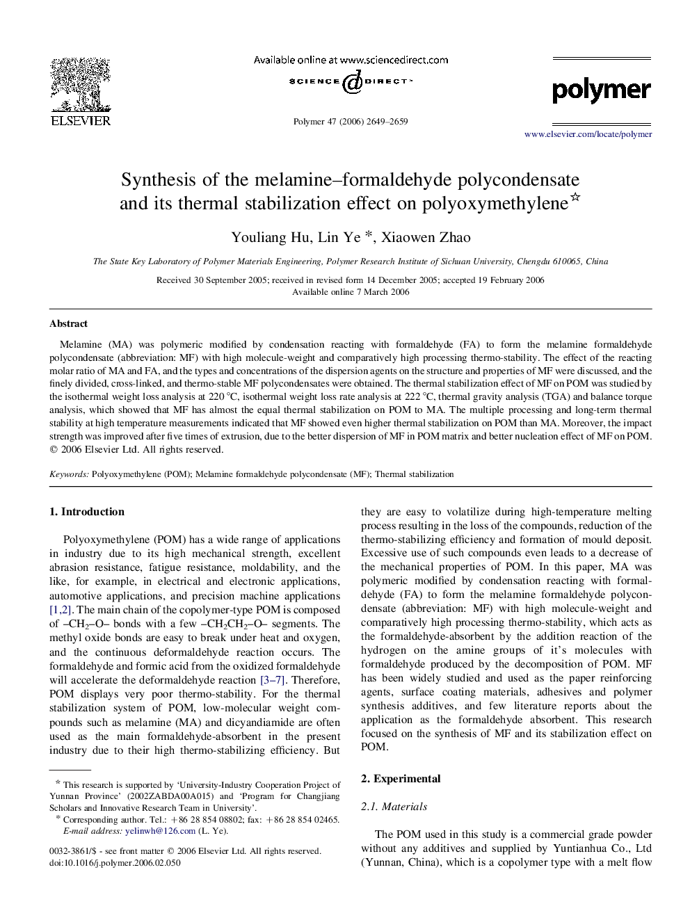 Synthesis of the melamine-formaldehyde polycondensate and its thermal stabilization effect on polyoxymethylene