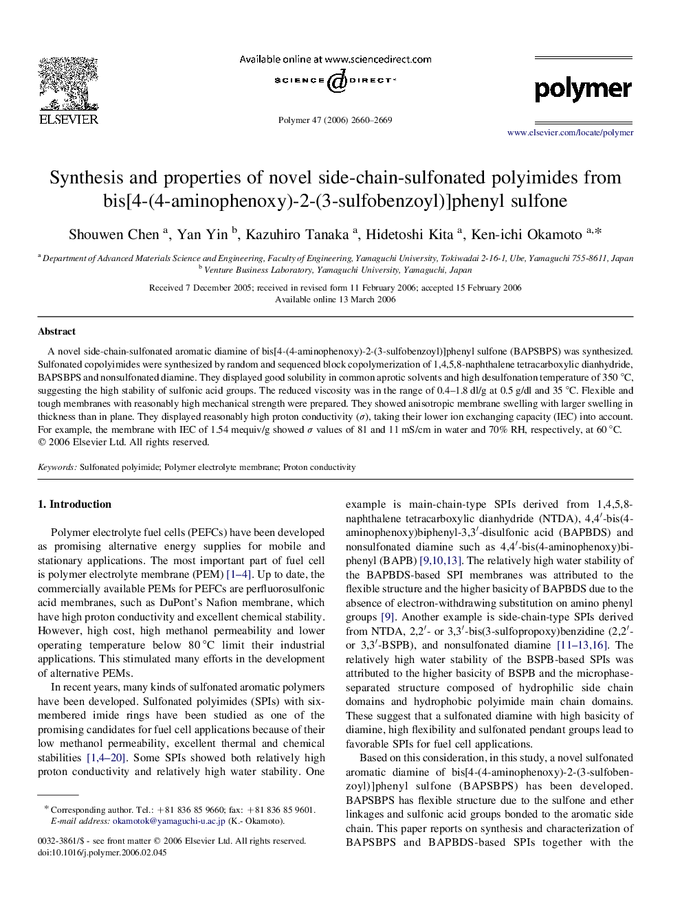 Synthesis and properties of novel side-chain-sulfonated polyimides from bis[4-(4-aminophenoxy)-2-(3-sulfobenzoyl)]phenyl sulfone