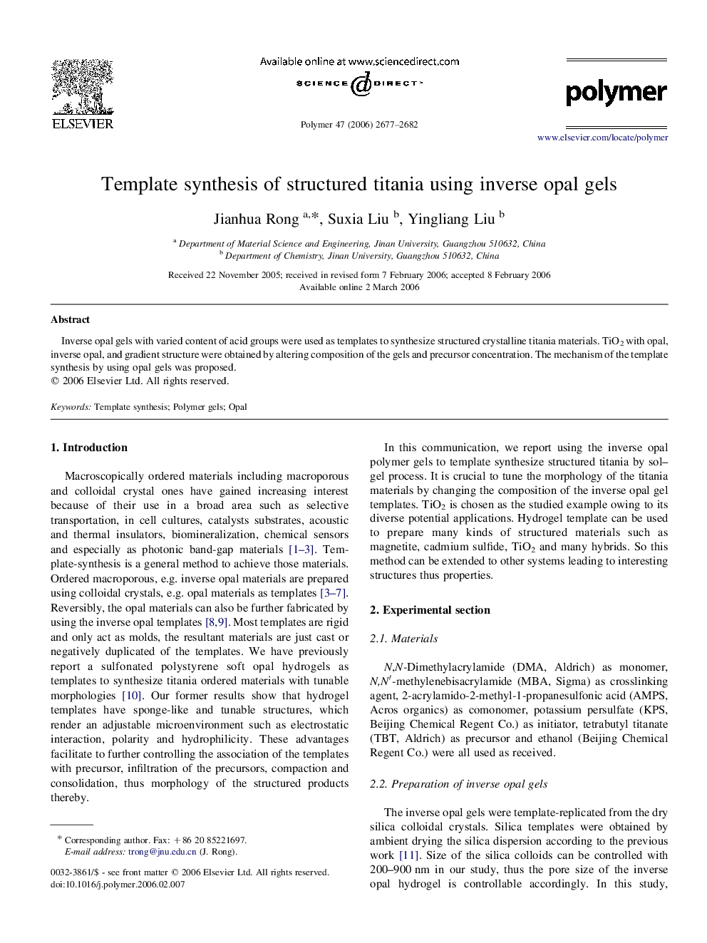 Template synthesis of structured titania using inverse opal gels