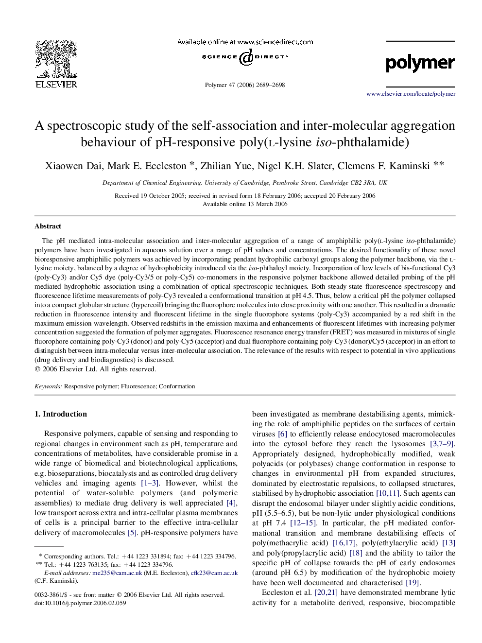 A spectroscopic study of the self-association and inter-molecular aggregation behaviour of pH-responsive poly(l-lysine iso-phthalamide)