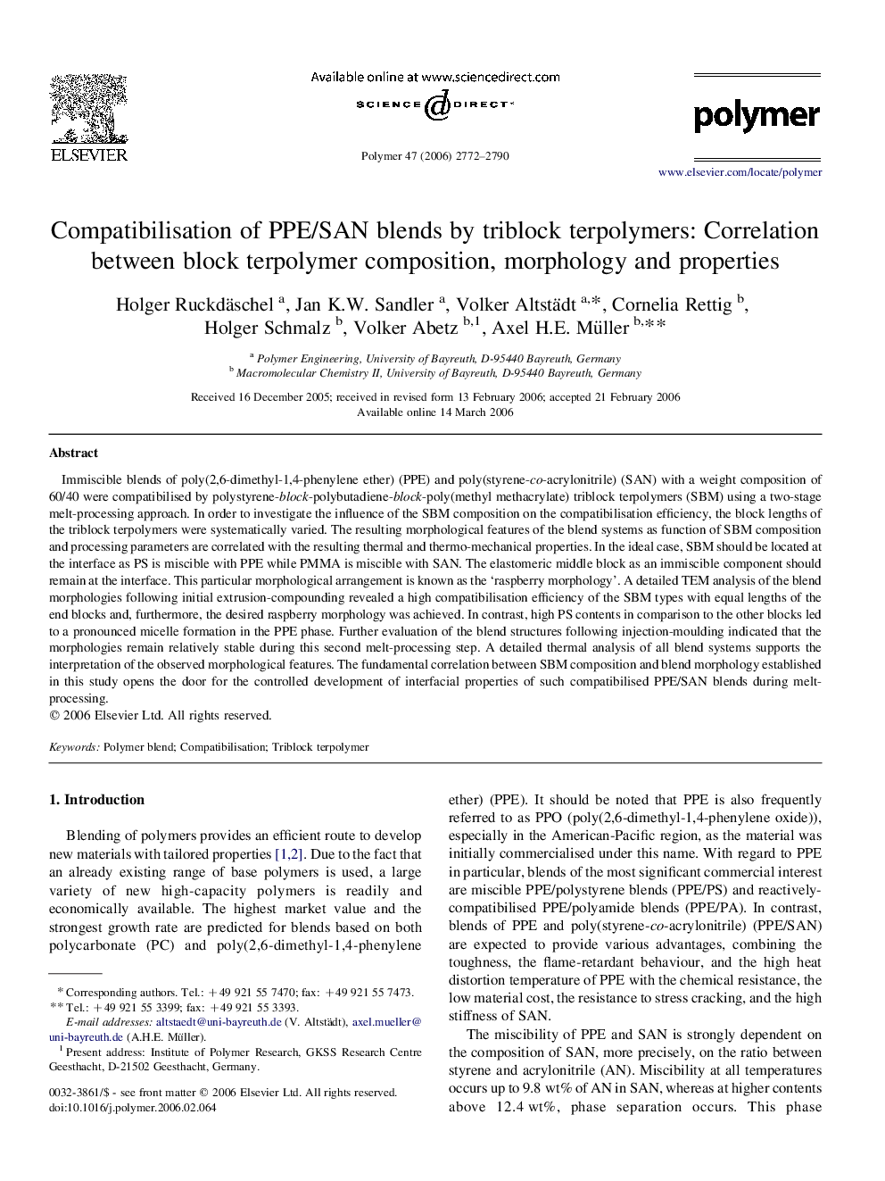 Compatibilisation of PPE/SAN blends by triblock terpolymers: Correlation between block terpolymer composition, morphology and properties