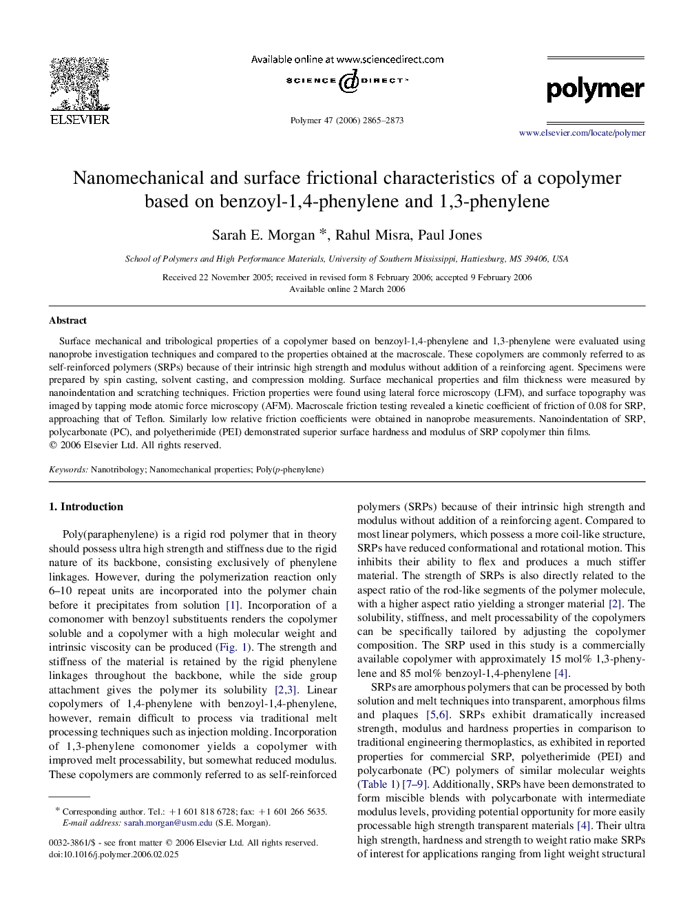 Nanomechanical and surface frictional characteristics of a copolymer based on benzoyl-1,4-phenylene and 1,3-phenylene