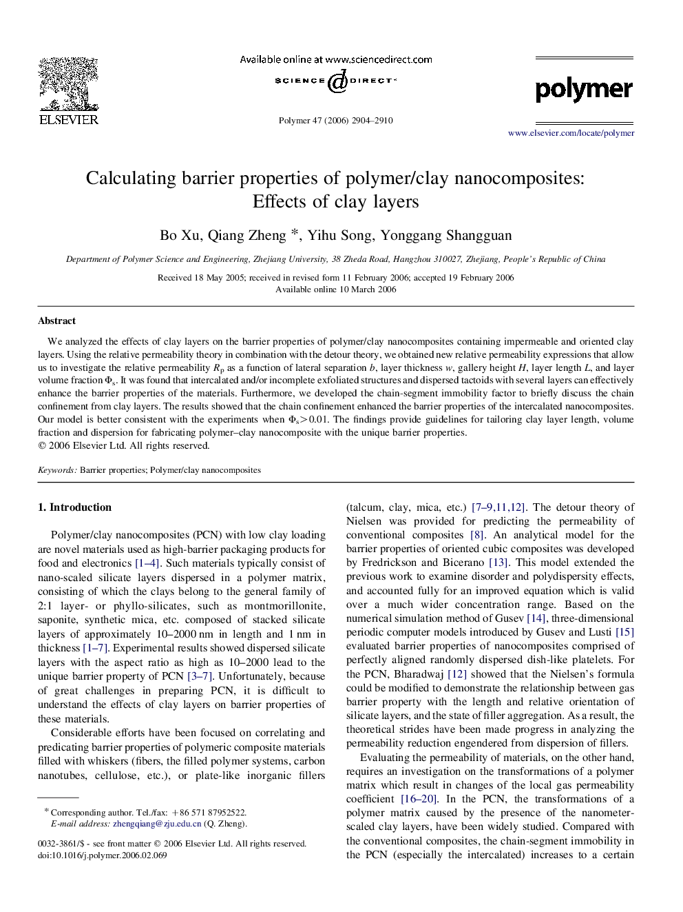 Calculating barrier properties of polymer/clay nanocomposites: Effects of clay layers