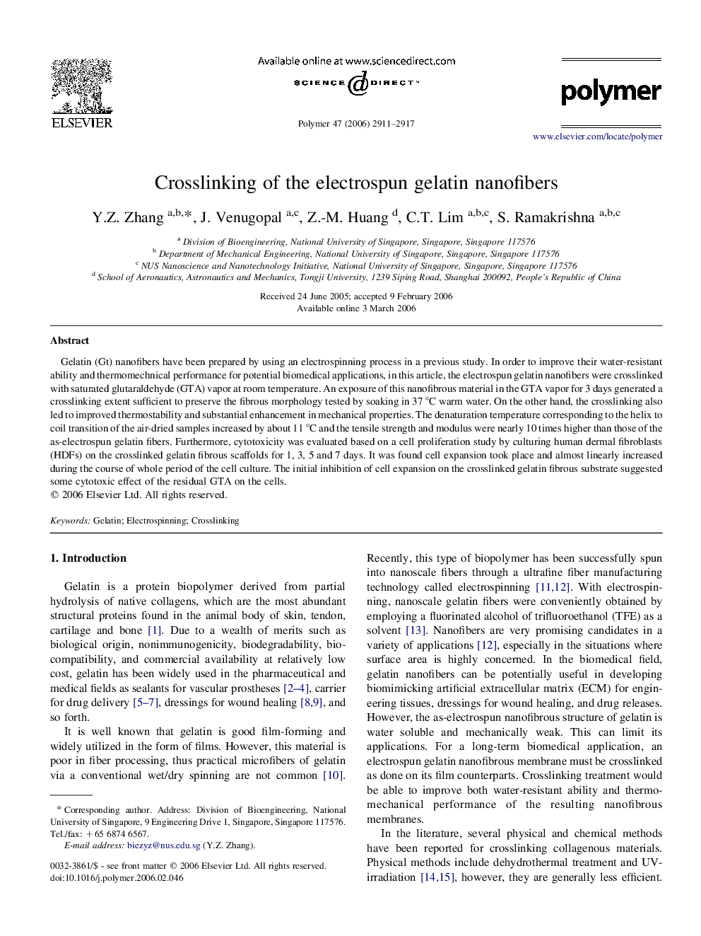 Crosslinking of the electrospun gelatin nanofibers