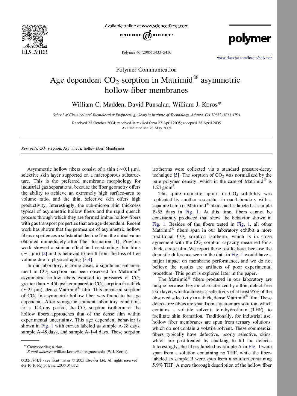 Age dependent CO2 sorption in Matrimid® asymmetric hollow fiber membranes