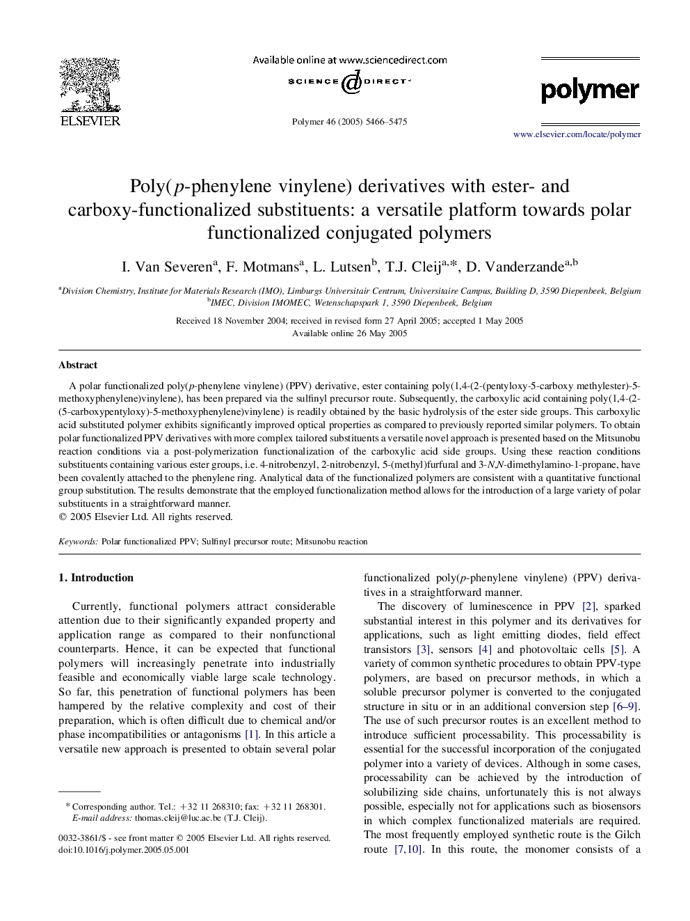 Poly(p-phenylene vinylene) derivatives with ester- and carboxy-functionalized substituents: a versatile platform towards polar functionalized conjugated polymers