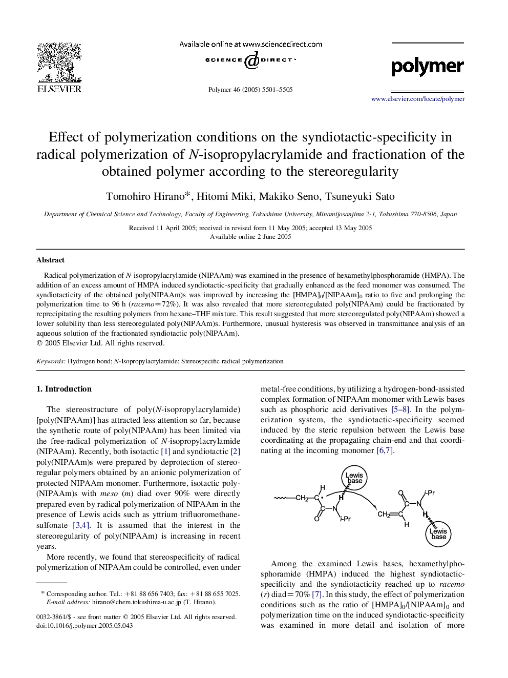 Effect of polymerization conditions on the syndiotactic-specificity in radical polymerization of N-isopropylacrylamide and fractionation of the obtained polymer according to the stereoregularity