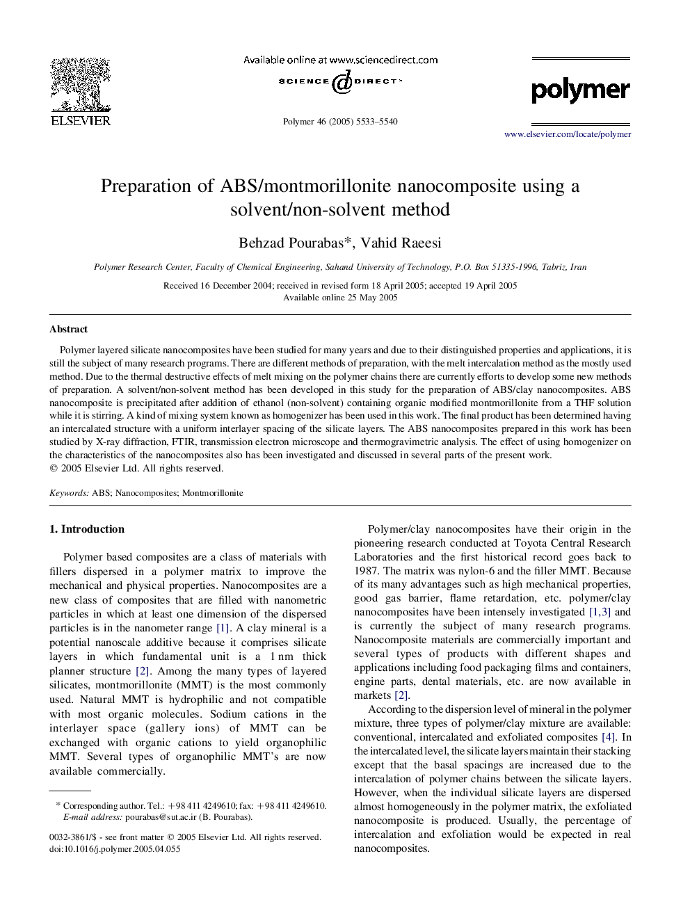 Preparation of ABS/montmorillonite nanocomposite using a solvent/non-solvent method