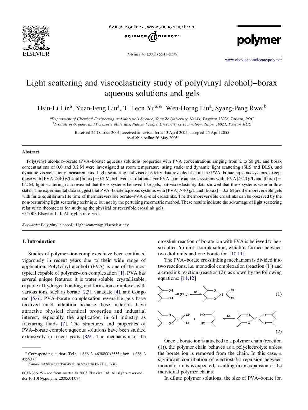 Light scattering and viscoelasticity study of poly(vinyl alcohol)-borax aqueous solutions and gels