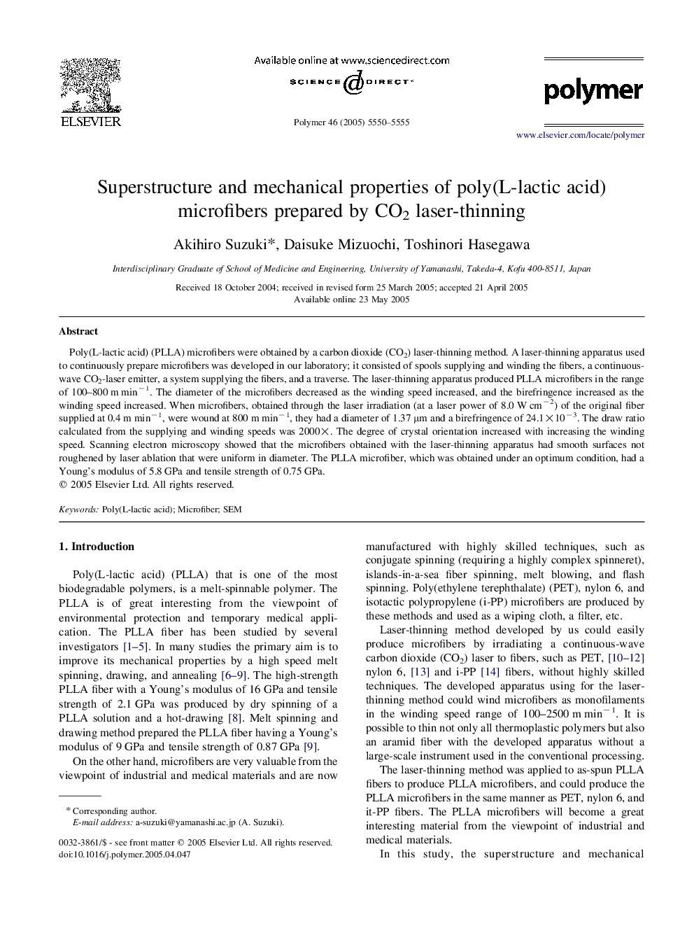 Superstructure and mechanical properties of poly(L-lactic acid) microfibers prepared by CO2 laser-thinning