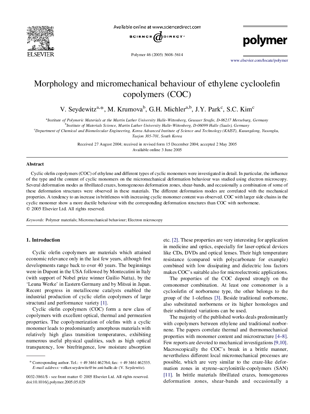 Morphology and micromechanical behaviour of ethylene cycloolefin copolymers (COC)