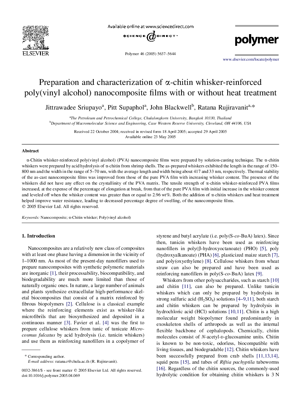 Preparation and characterization of Î±-chitin whisker-reinforced poly(vinyl alcohol) nanocomposite films with or without heat treatment