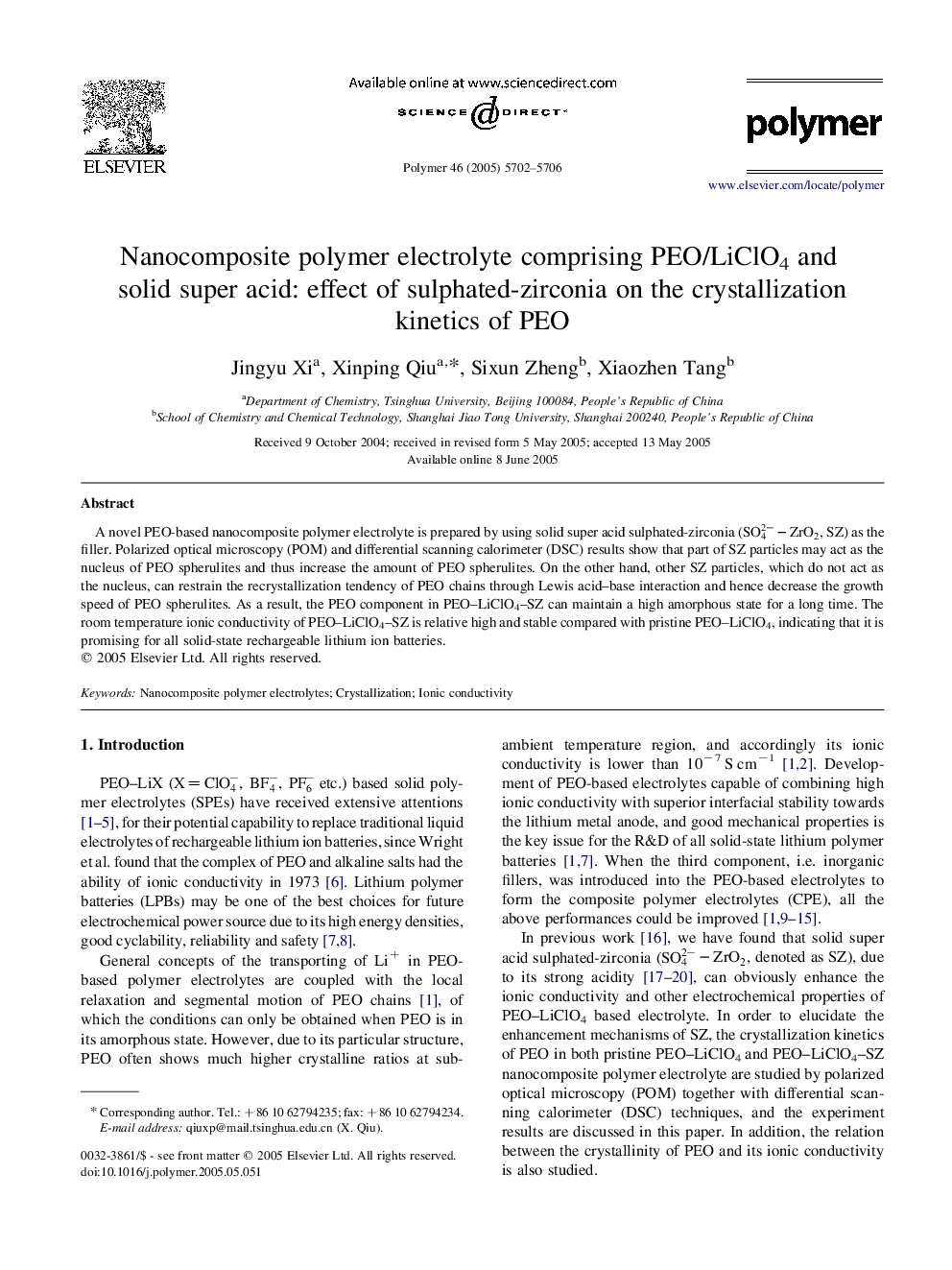 Nanocomposite polymer electrolyte comprising PEO/LiClO4 and solid super acid: effect of sulphated-zirconia on the crystallization kinetics of PEO