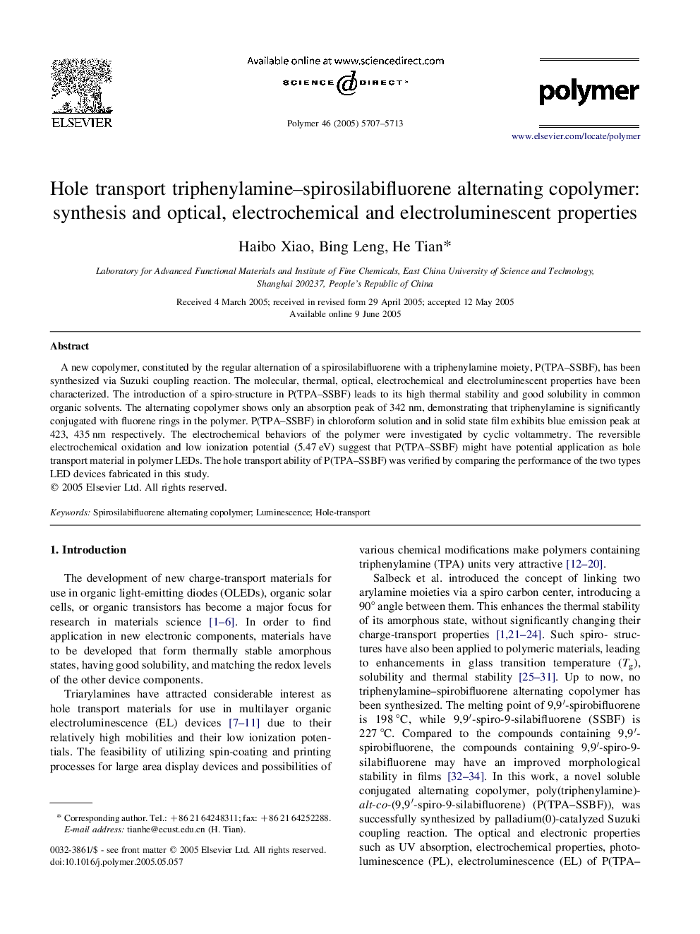 Hole transport triphenylamine-spirosilabifluorene alternating copolymer: synthesis and optical, electrochemical and electroluminescent properties