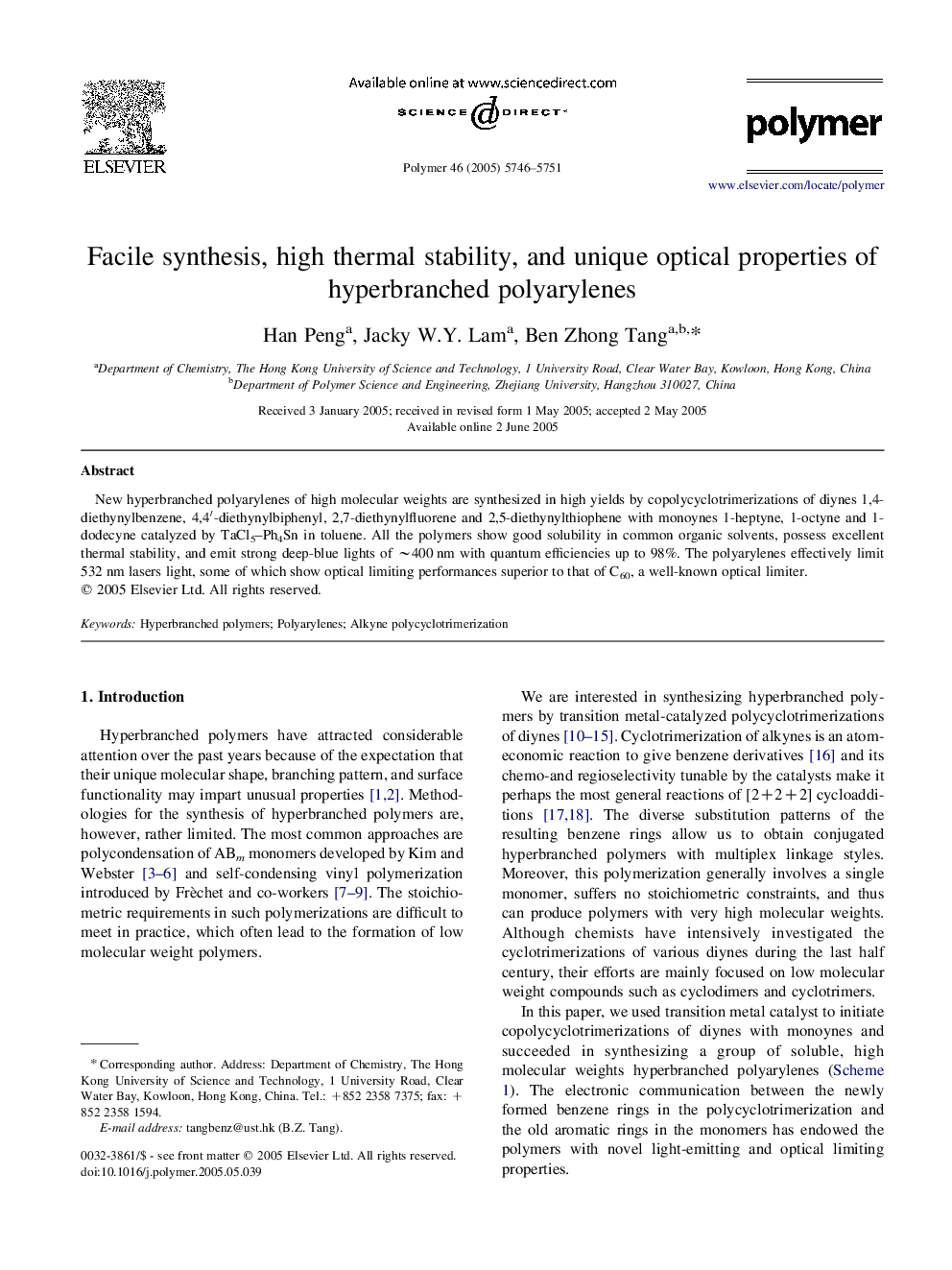 Facile synthesis, high thermal stability, and unique optical properties of hyperbranched polyarylenes