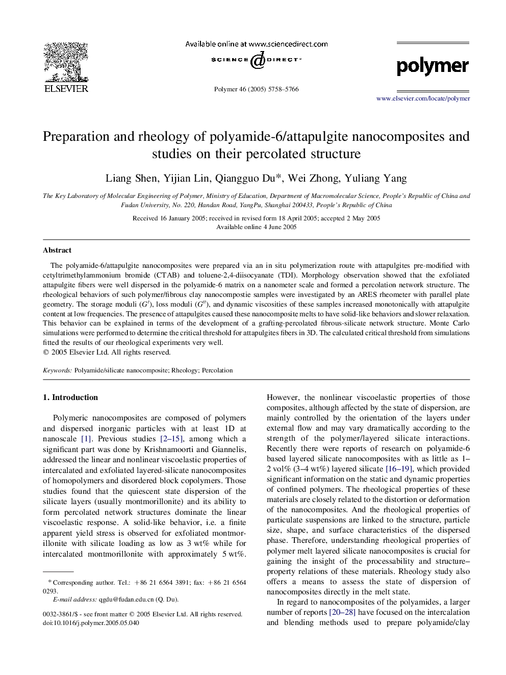 Preparation and rheology of polyamide-6/attapulgite nanocomposites and studies on their percolated structure