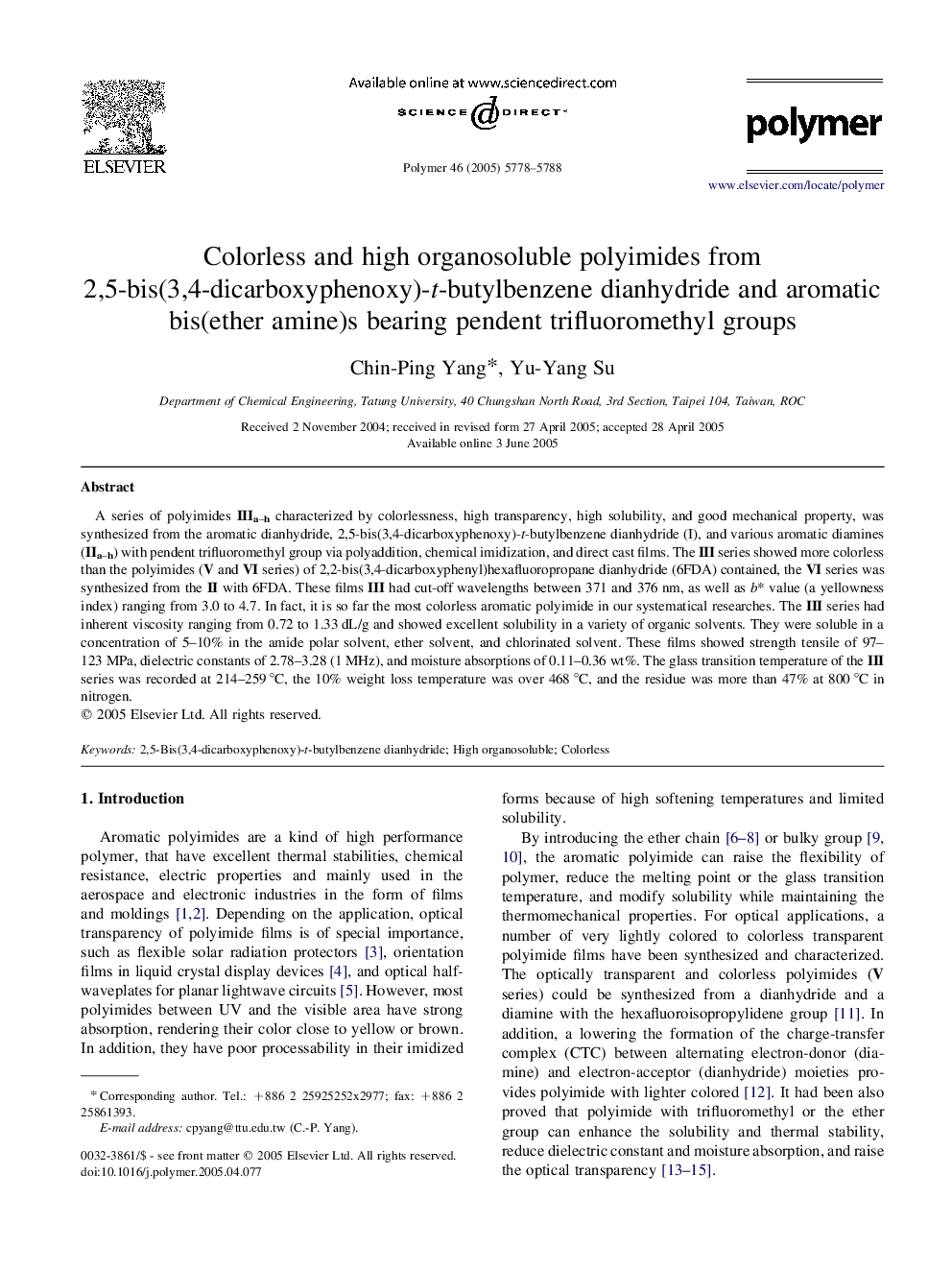 Colorless and high organosoluble polyimides from 2,5-bis(3,4-dicarboxyphenoxy)-t-butylbenzene dianhydride and aromatic bis(ether amine)s bearing pendent trifluoromethyl groups