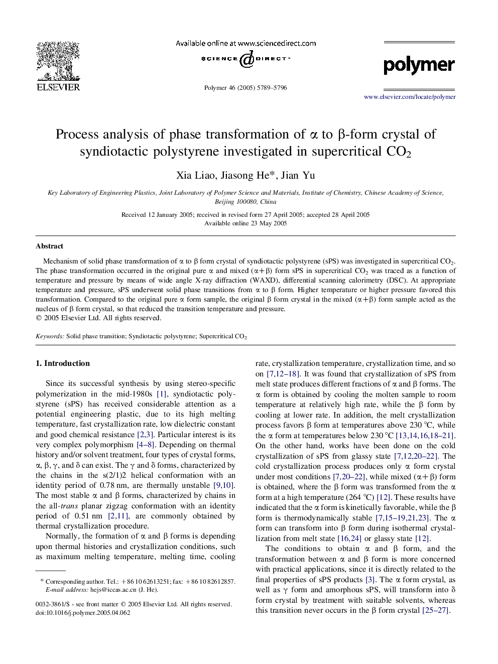 Process analysis of phase transformation of Î± to Î²-form crystal of syndiotactic polystyrene investigated in supercritical CO2