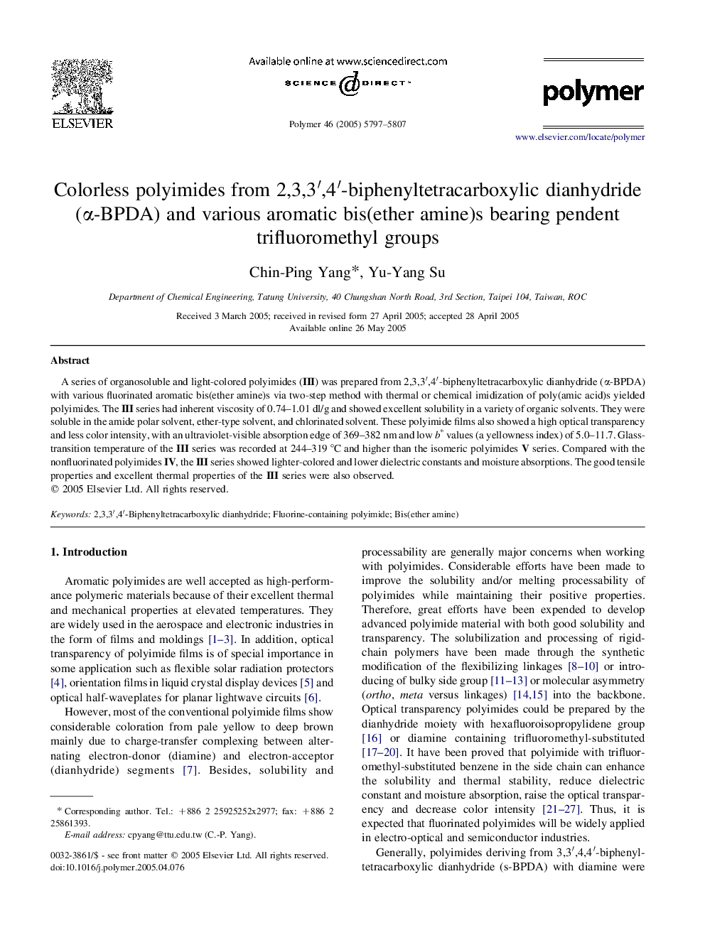 Colorless polyimides from 2,3,3â²,4â²-biphenyltetracarboxylic dianhydride (Î±-BPDA) and various aromatic bis(ether amine)s bearing pendent trifluoromethyl groups