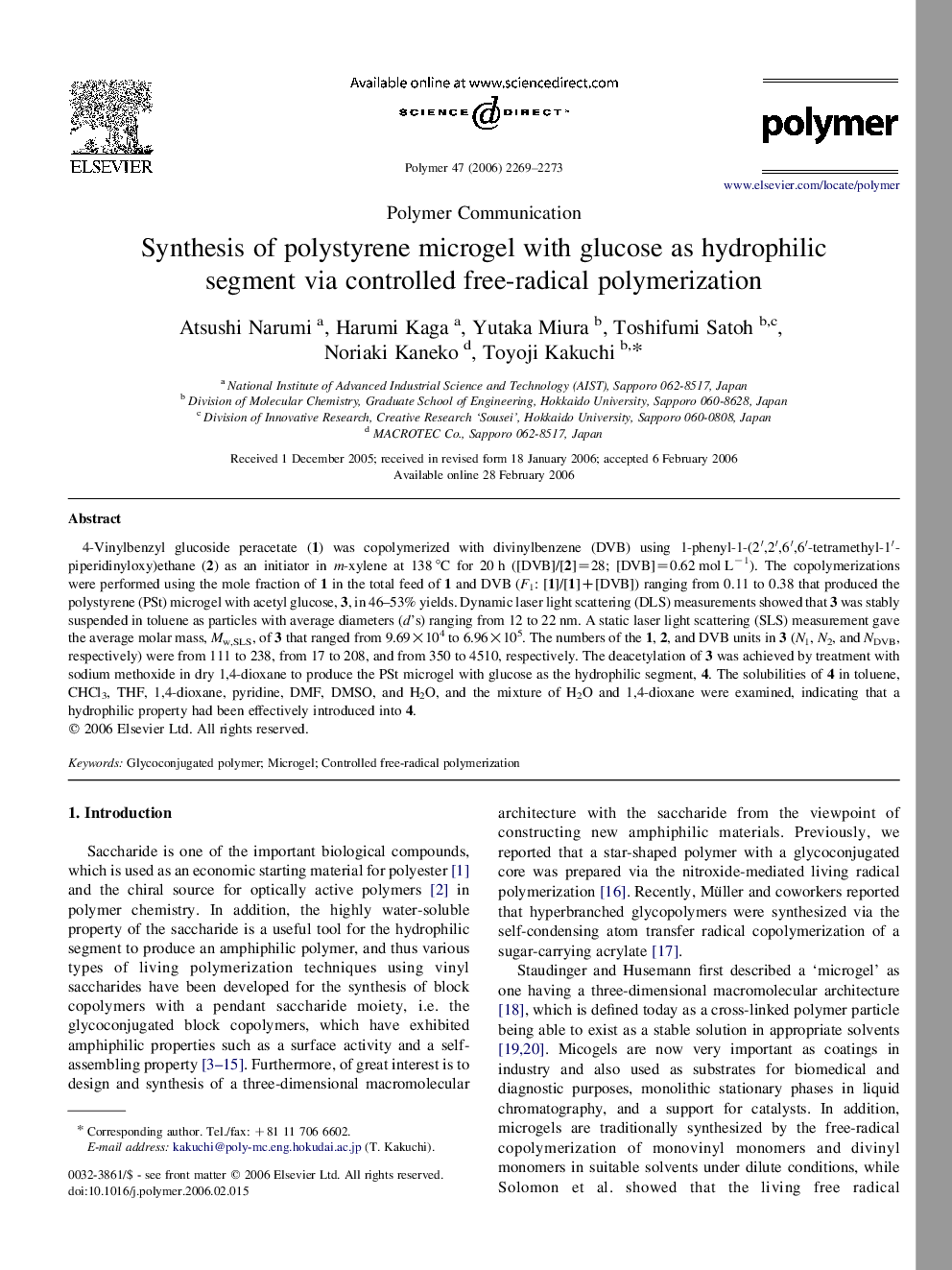 Polymer CommunicationSynthesis of polystyrene microgel with glucose as hydrophilic segment via controlled free-radical polymerization