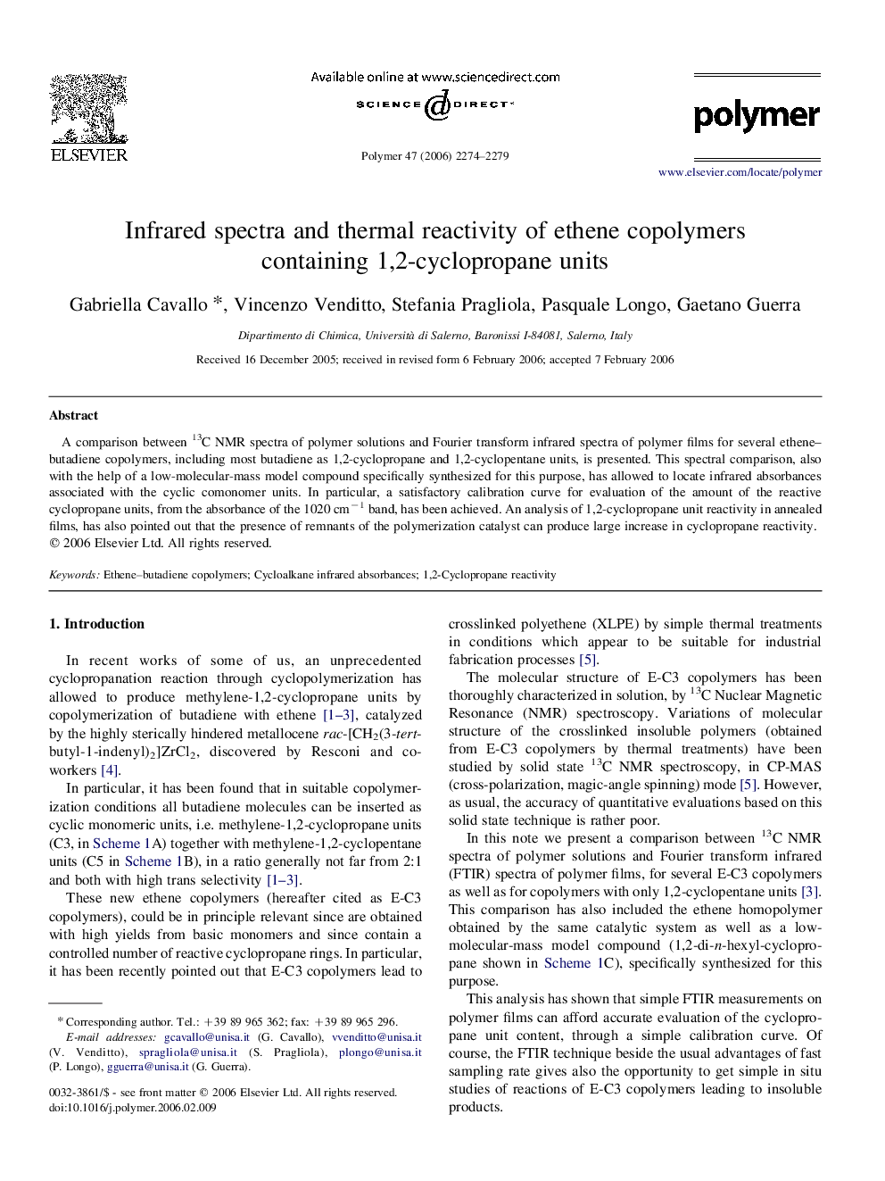 Infrared spectra and thermal reactivity of ethene copolymers containing 1,2-cyclopropane units