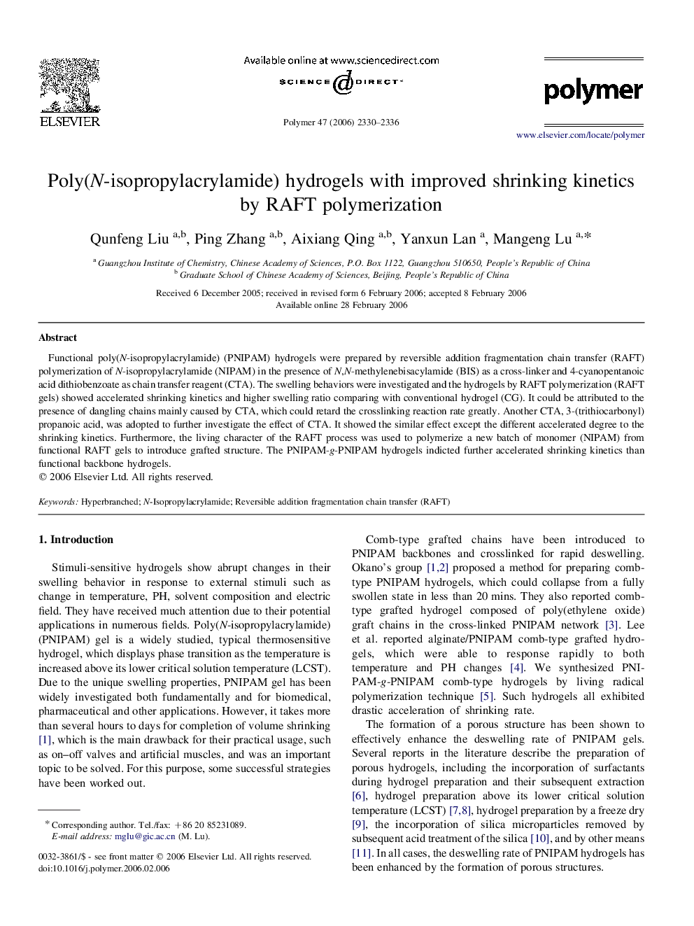 Poly(N-isopropylacrylamide) hydrogels with improved shrinking kinetics by RAFT polymerization