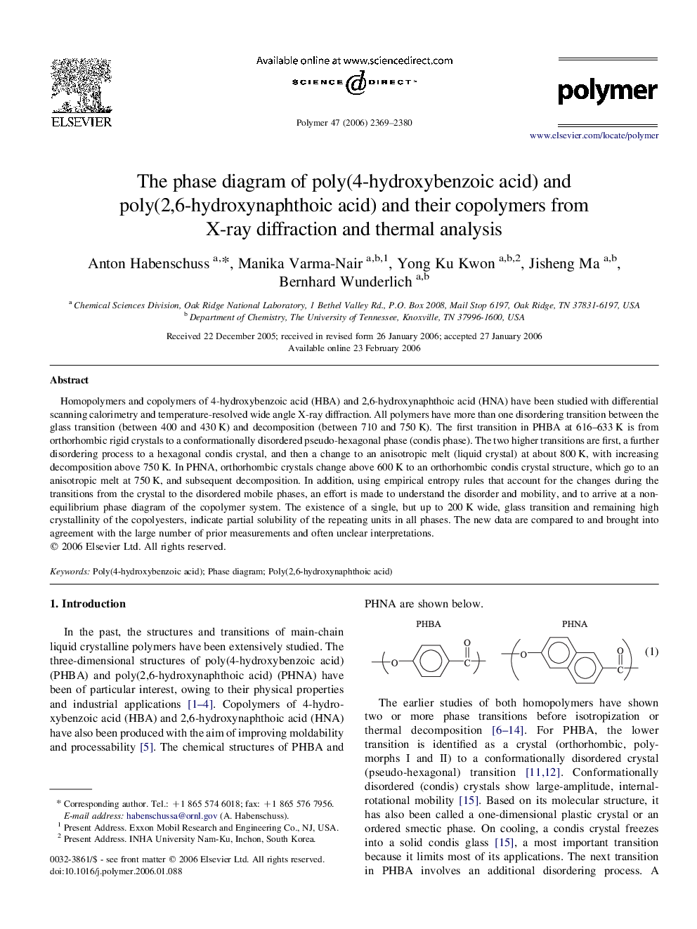 The phase diagram of poly(4-hydroxybenzoic acid) and poly(2,6-hydroxynaphthoic acid) and their copolymers from X-ray diffraction and thermal analysis