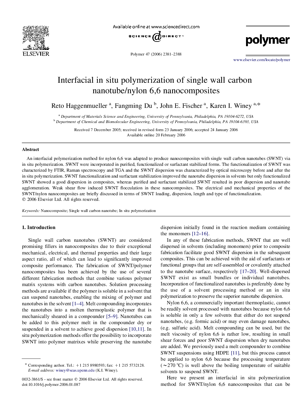 Interfacial in situ polymerization of single wall carbon nanotube/nylon 6,6 nanocomposites