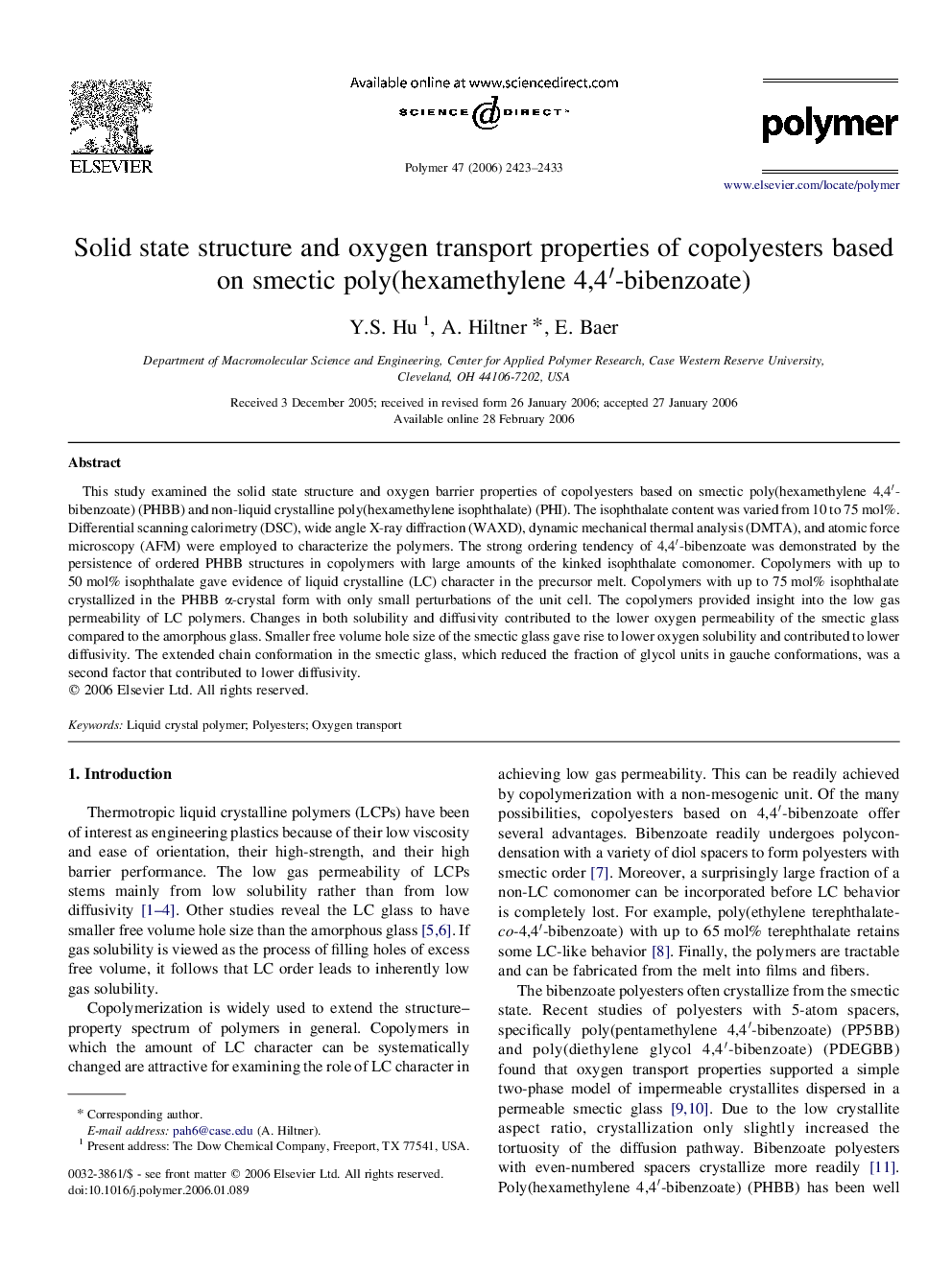 Solid state structure and oxygen transport properties of copolyesters based on smectic poly(hexamethylene 4,4â²-bibenzoate)