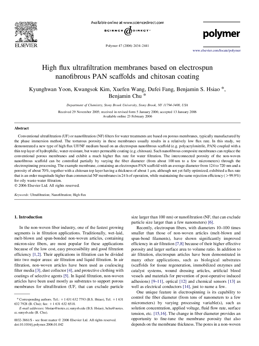 High flux ultrafiltration membranes based on electrospun nanofibrous PAN scaffolds and chitosan coating