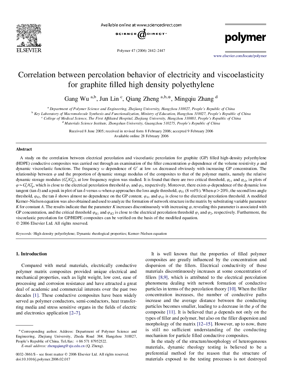 Correlation between percolation behavior of electricity and viscoelasticity for graphite filled high density polyethylene