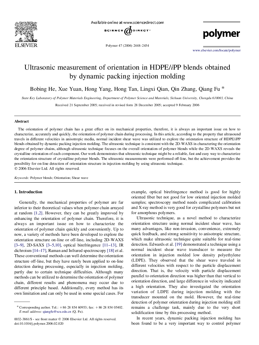 Ultrasonic measurement of orientation in HDPE/iPP blends obtained by dynamic packing injection molding