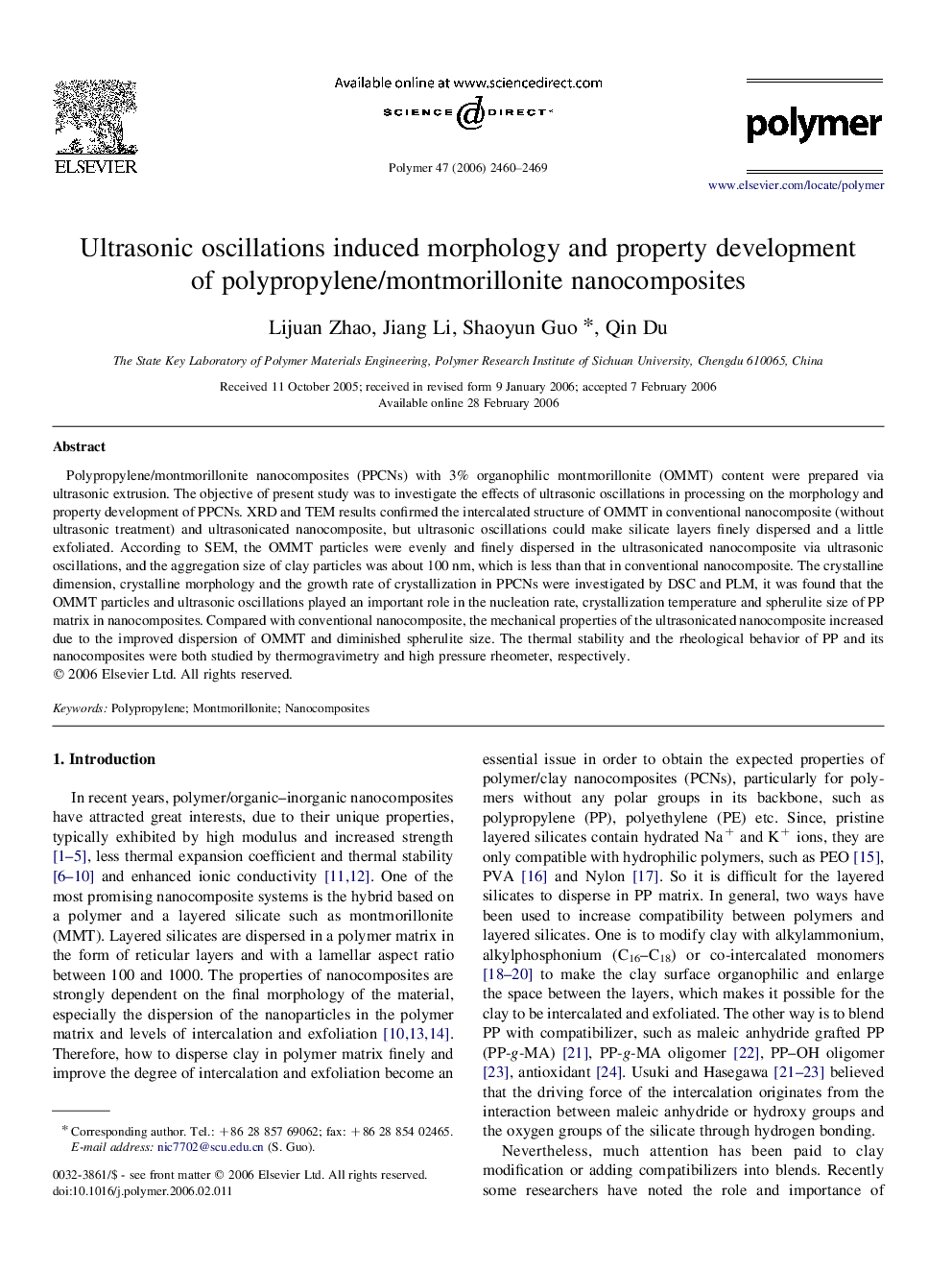 Ultrasonic oscillations induced morphology and property development of polypropylene/montmorillonite nanocomposites