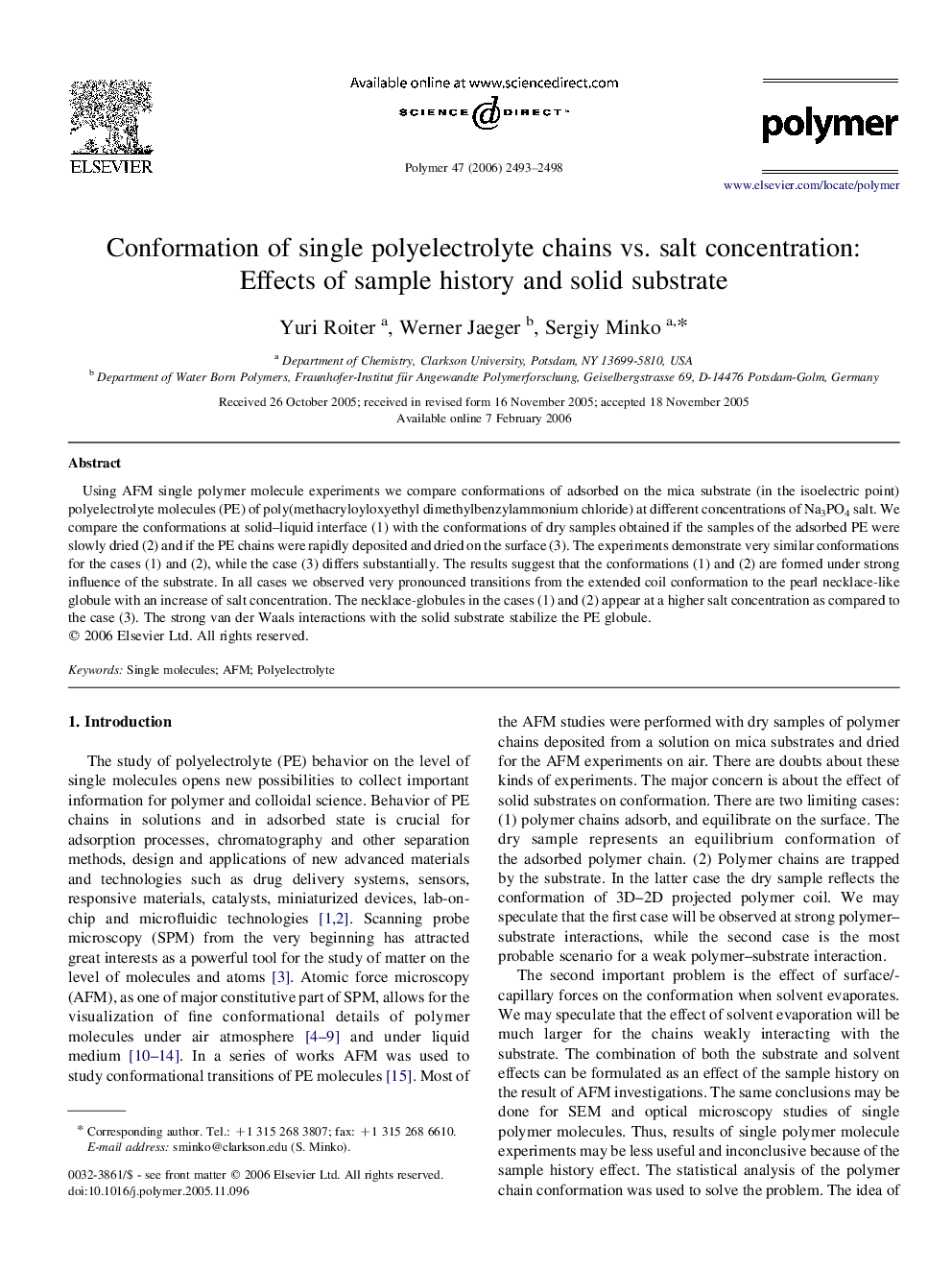 Conformation of single polyelectrolyte chains vs. salt concentration: Effects of sample history and solid substrate